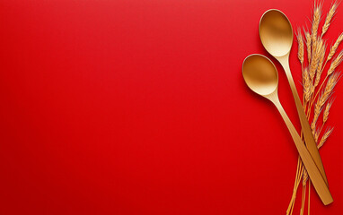 Golden spoons wheat red background minimal festive