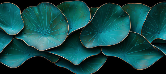 Teal lotus leaves gold trimmed black background pattern nature design