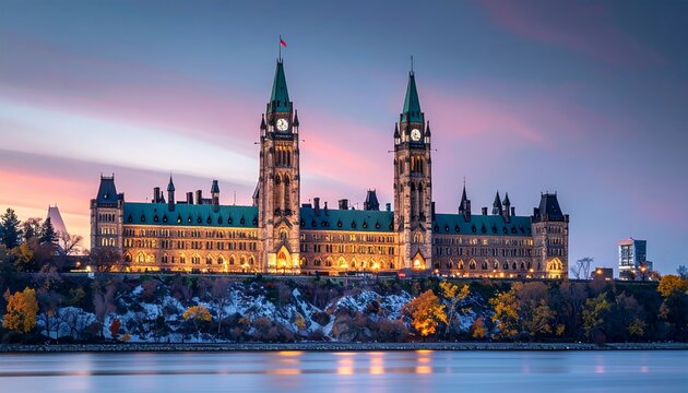 Parliament Hill in Ottawa, Canada at sunset, showcasing the iconic architecture and vibrant sky reflected in the water.
