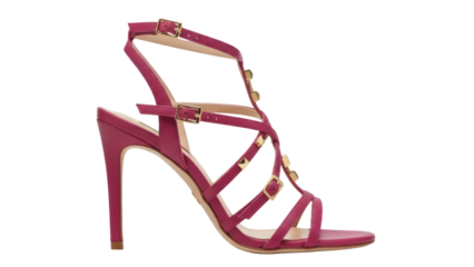 Isolated fuchsia leather high-heeled sandal with gold studded straps, elegant summer shoe