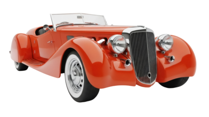 Isolated orange roadster automobile front quarter view with open roof and chrome accents