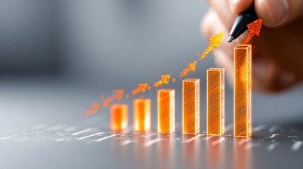 Person drawing a glowing orange upward trending bar chart symbolizing business growth and financial success on a transparent digital surface in a modern setting