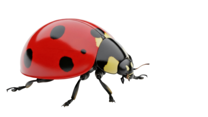 Isolated ladybug with red wing covers and black spots crawling on a blank backdrop