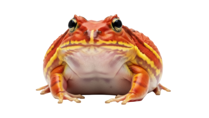 Isolated Tomato frog showing full body closeup in studio; red with orange and yellow stripes