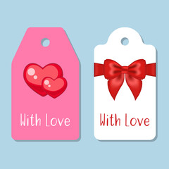 Romantic tags with a heart and a bow. With love. 