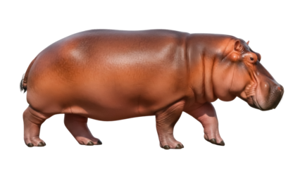 Isolated Hippopotamus side view with pink skin walking slowly and carefully towards ground level