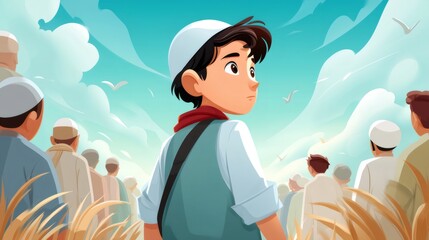 Young Muslim boy attending Islamic themed communal event outdoor with crowd