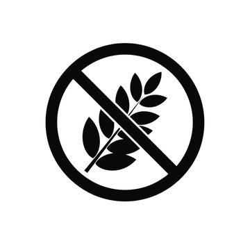 A stark black and white image depicts a circular prohibition sign featuring a sprig of wheat with a diagonal line signifying