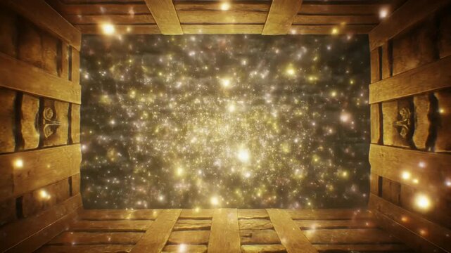 宝箱から輝く粒子が放つ希望と静かな高揚感