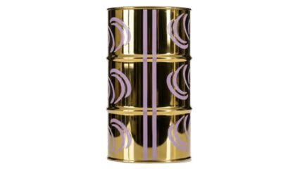 Isolated gold color design metal barrel or drum stands vertically on its own, no background