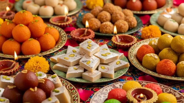 Diverse traditional indian sweet dessert display with lit oil lamps. Festive food arrangement for celebration.