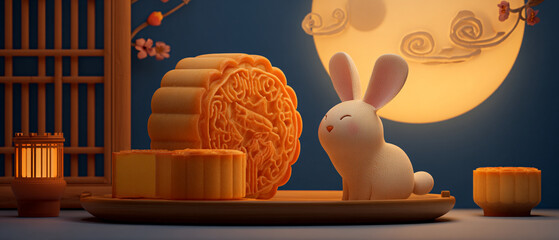 Cute white rabbit figurine with traditional mooncakes for the Chinese Mid-Autumn Festival celebration