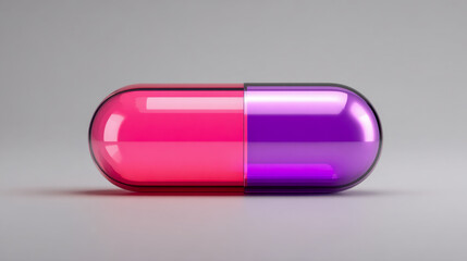Shiny translucent pink and purple half capsule pill isolated on plain light gray background symbolizing modern healthcare and pharmaceutical innovation trends