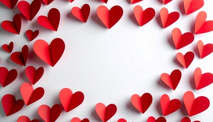 Red paper hearts arranged in a frame on white background