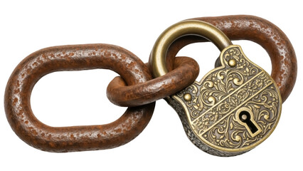 Isolated padlock on a rusted chain, a visual metaphor for security and blocking access