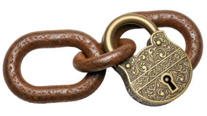 Isolated padlock on a rusted chain, a visual metaphor for security and blocking access