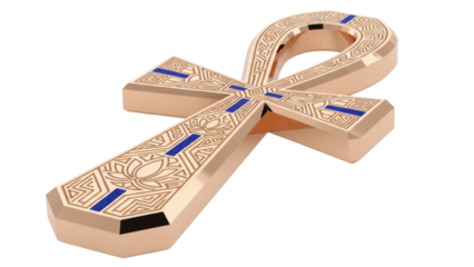 Isolated Egyptian Ankh Cross Symbol, Ancient Hieroglyphic Jewelry, Gold Pendant with Blue Inlay