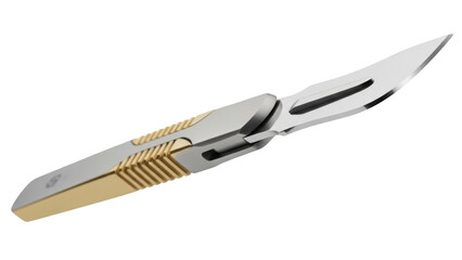 Isolated folding scalpel, utility surgical knife with sharp metal blade and gold-tone handle design