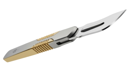 Isolated folding scalpel, utility surgical knife with sharp metal blade and gold-tone handle design