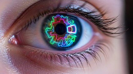 Cybernetic Gaze: A close-up view of an eye reveals a futuristic digital gear design, symbolizing the intersection of technology and human vision.