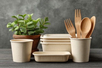 Eco takeaway tableware set with compostable containers and reusable wooden cutlery arrangement