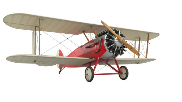 Isolated model of a red biplane with a propeller, standing against a clear backdrop and casting shadow