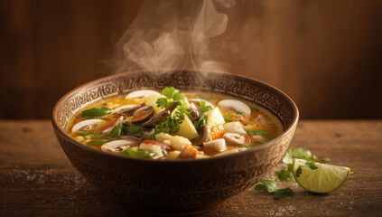 Steaming vegetable and mushroom soup garnished with cilantro and lime, warm and appetizing