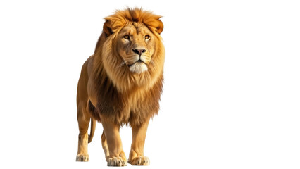 Isolated powerful majestic male lion stands tall looking alert and regal in natural habitat