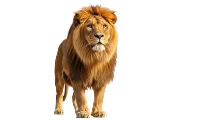 Isolated powerful majestic male lion stands tall looking alert and regal in natural habitat
