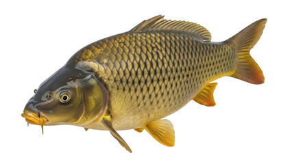 Isolated golden brown carp fish with shimmering scales swimming to the left side