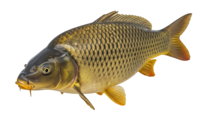 Isolated golden brown carp fish with shimmering scales swimming to the left side
