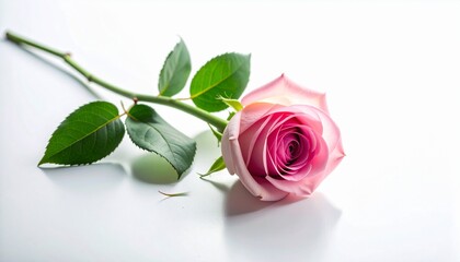 Fototapeta premium Pink Rose with Green Leaves on White Background