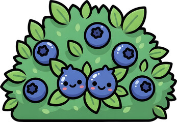 Cartoon Blueberries with Smiling Faces and Leaves.
