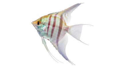 Isolated colorful angelfish swims forward in studio close-up, a pet freshwater aquarium fish