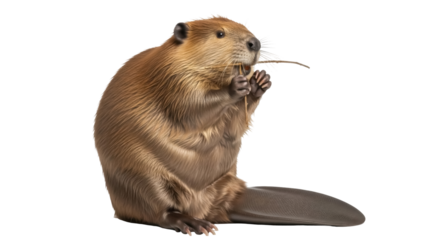 Isolated, American beaver holding a stick, sitting upright looking left on a plain background