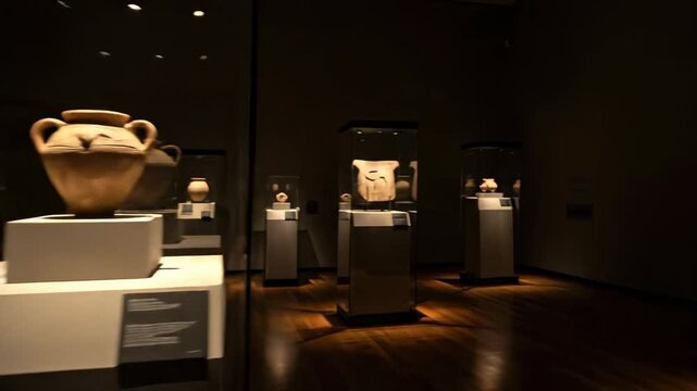 Illuminated Artifacts in a Modern Museum: An Exhibition of Cultural Heritage Featuring Ancient Ceramics and Sculptures under Dim Lighting
