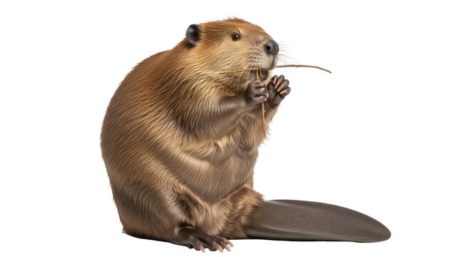 Isolated, American beaver holding a stick, sitting upright looking left on a plain background