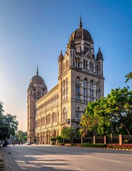 Naklejka premium Grand Municipal Corporation Building in Mumbai, India, under a clear blue sky.