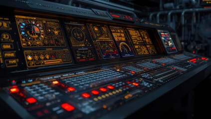 Futuristic control panel with illuminated gauges and buttons, ambient tech mood