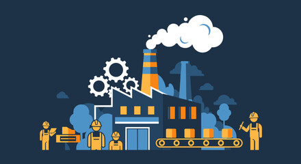Manufacturing production line concept Industrial factory with workers conveyor belt and gears illustration