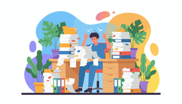 Overworked employee stressed by excessive paperwork and unmanageable office workload