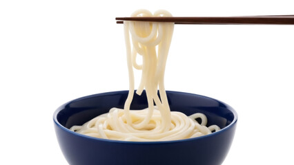 Isolated udon noodles being lifted from a blue bowl with wooden chopsticks for eating lunch