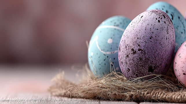 Creative scattered colorful eggs shadow-free on pastel pink, natural rhythm flow, bottom copy space for promo price, perfect for supermarket spring poster or craft-fair invite, hyper-real high-res