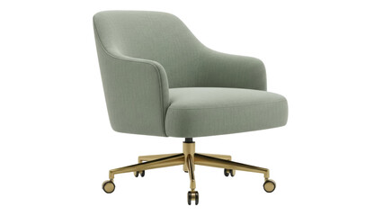 Isolated sage green linen office desk chair with gold swivel base on display for sale
