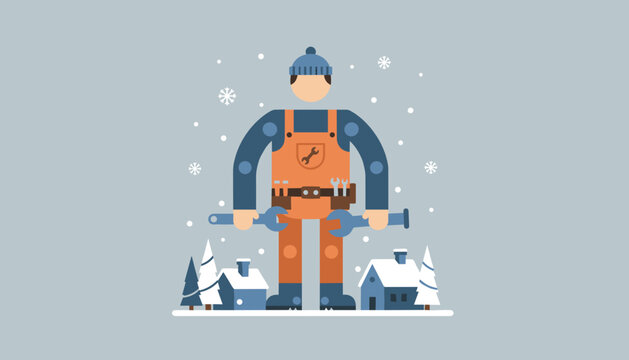 Winter service worker holding wrenches outdoors in falling snow Plumber or repairman illustration