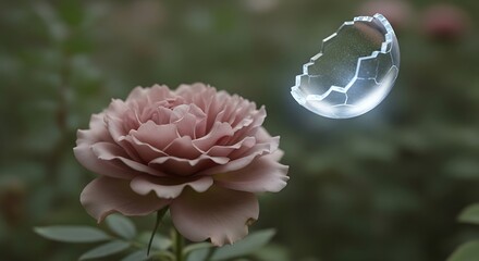Ethereal rose juxtaposition with fractured orb emitting soft luminescence