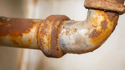 A close-up showcases a corroded metal pipe with rust formation. The pipe's surface displays the detrimental effects of oxidation, adding a sense of deterioration.