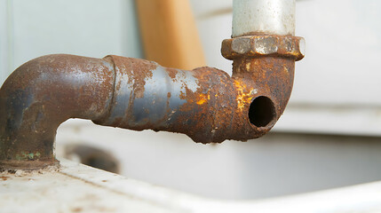Close-up shot of a rusted pipe with a hole. The corrosion is significant, showcasing the effects of time and wear on the plumbing fixture. The pipe connects with a threaded nut.