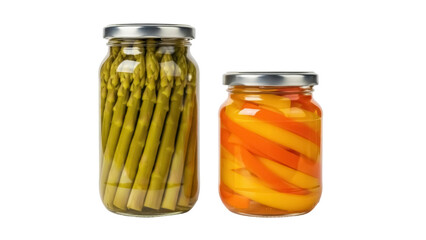 Isolated food jars showcasing preserved asparagus spears and colorful bell pepper strips product