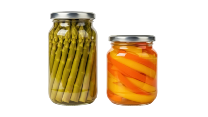 Isolated food jars showcasing preserved asparagus spears and colorful bell pepper strips product